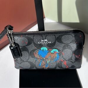 COACH Black and Gray signature with bird print wristlet F23608